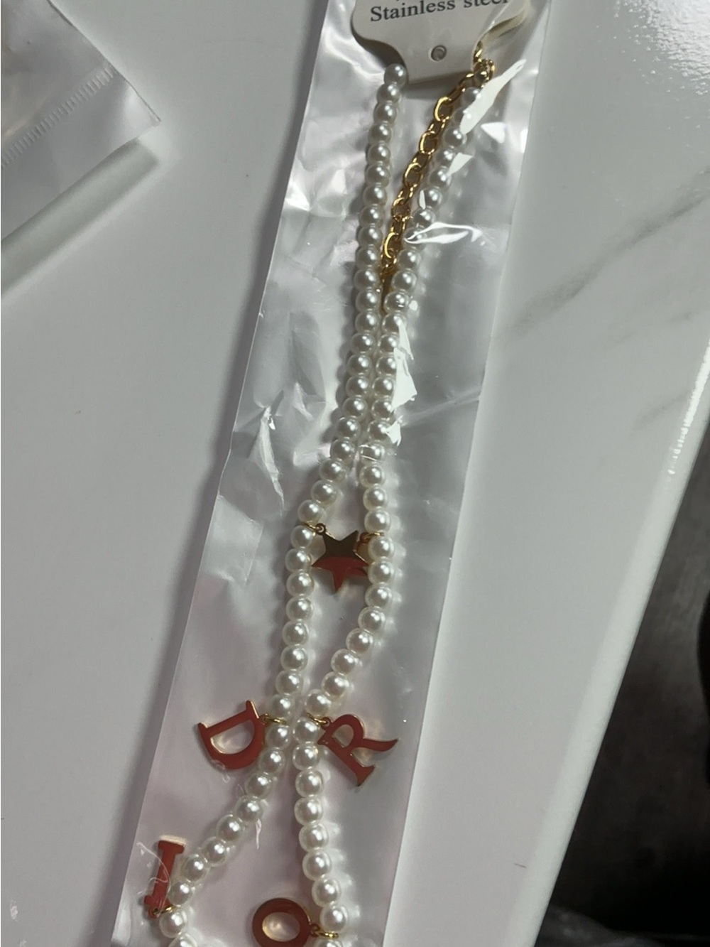 Pearl Letter Charm Necklace - White and Gold